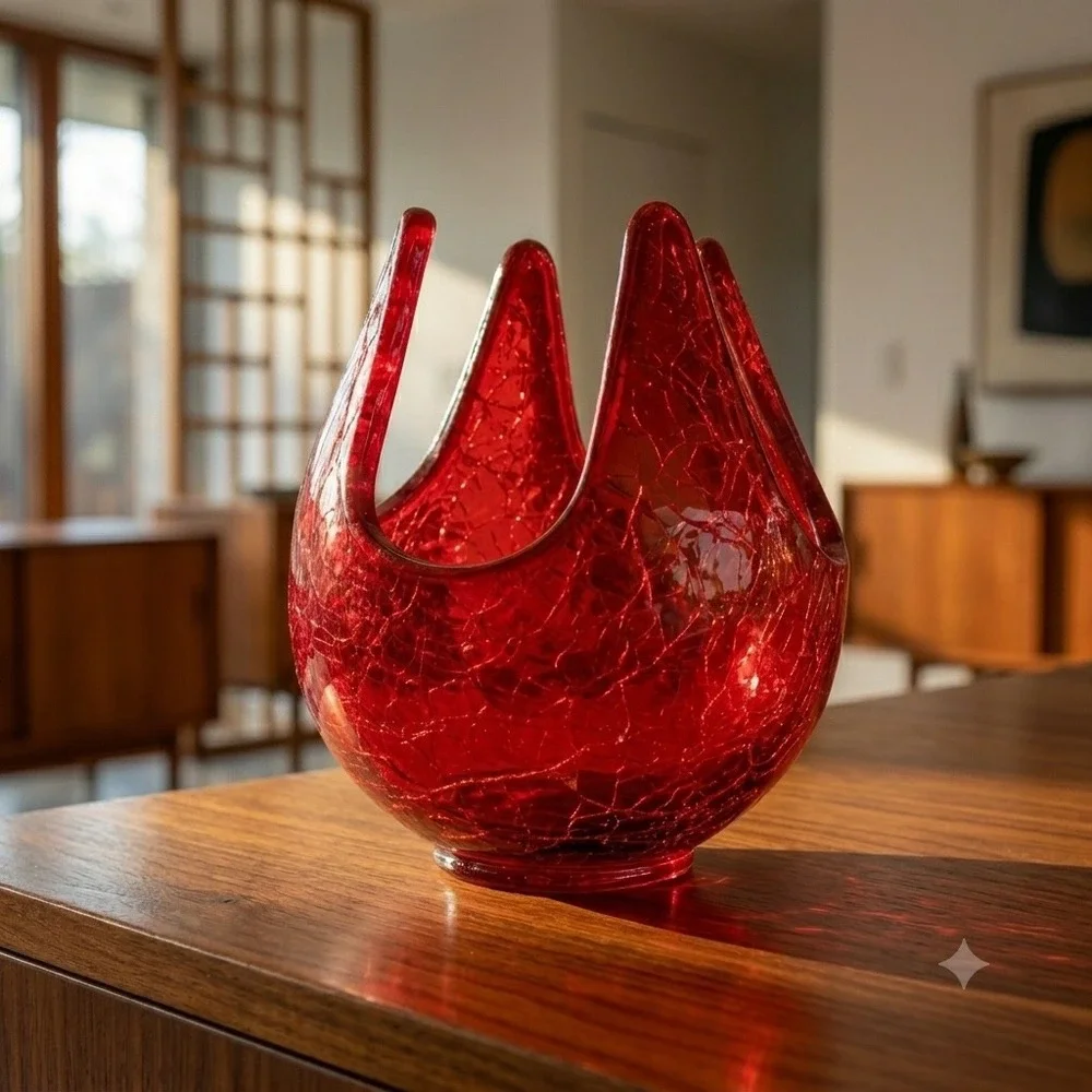 Vintage Viking Epic 7019 Ruby Red Crackle Glass Patio Lite Votive Candle Holder